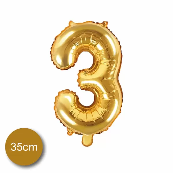 3. szám, fólia lufi, 35 cm, arany
