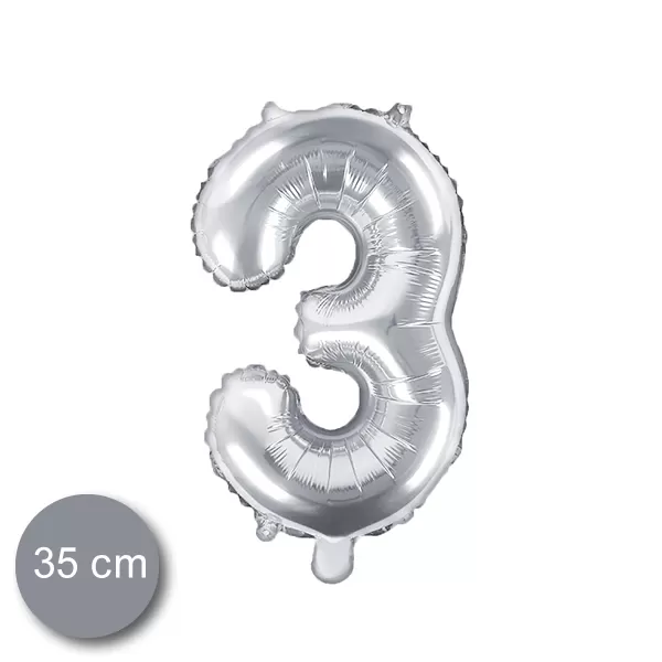 3. szám, fólia lufi, 35 cm, ezüst