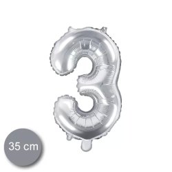 3. szám, fólia lufi, 35 cm, ezüst