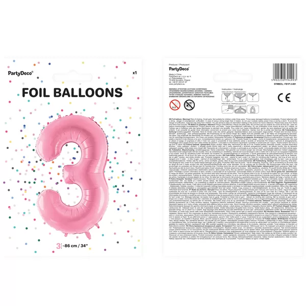 3. szám, fólia lufi, 86 cm, rózsaszín