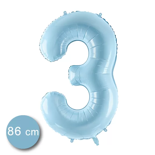3. szám, fólia lufi, 86 cm, világos kék