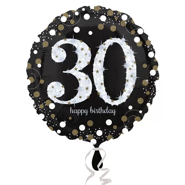 30. évszámos fólia lufi, gömb, HB, fekete