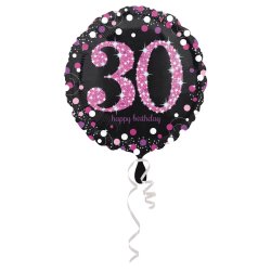 30. évszámos fólia lufi, gömb, HB, fekete-pink