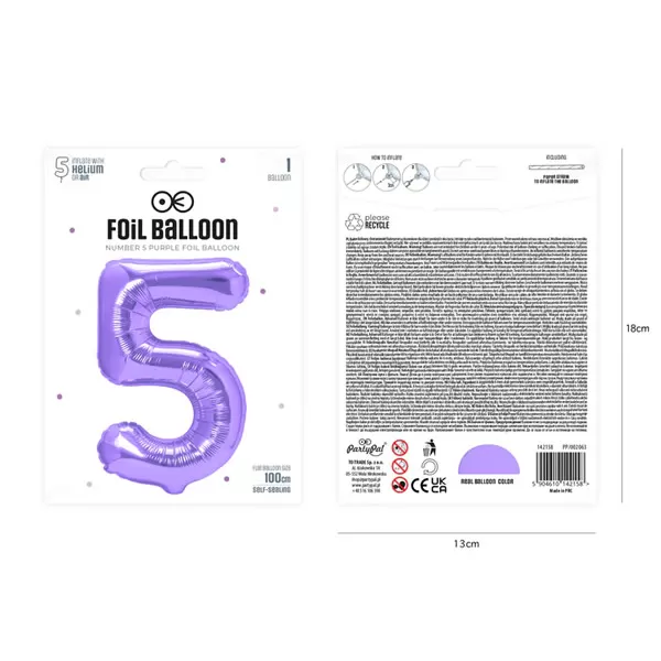 5. szám, fólia lufi, 100 cm, lila