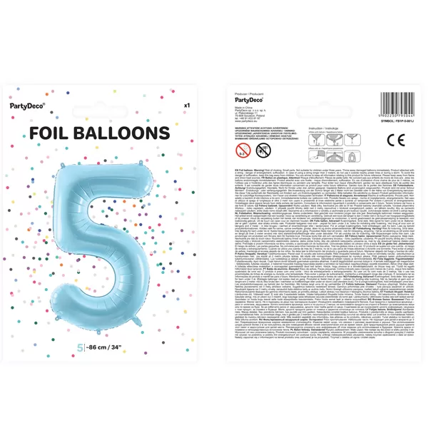 5. szám, fólia lufi, 86 cm, világos kék