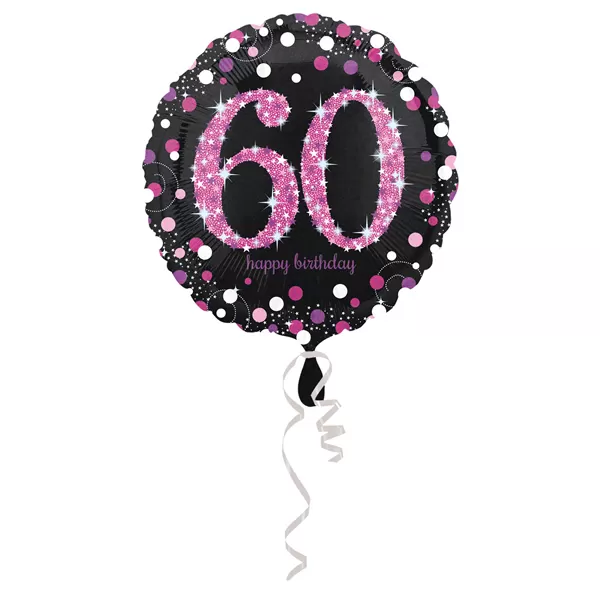 60. évszámos fólia lufi, gömb, HB, fekete-pink