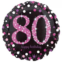 80. évszámos fólia lufi, gömb, HB, fekete-pink