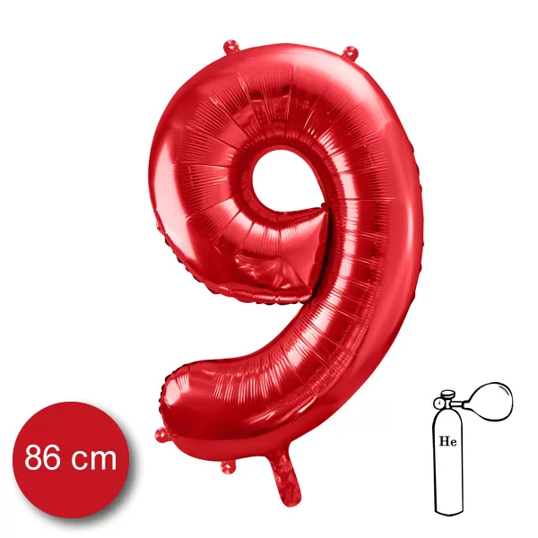 9. szám, fólia lufi, 86 cm, piros