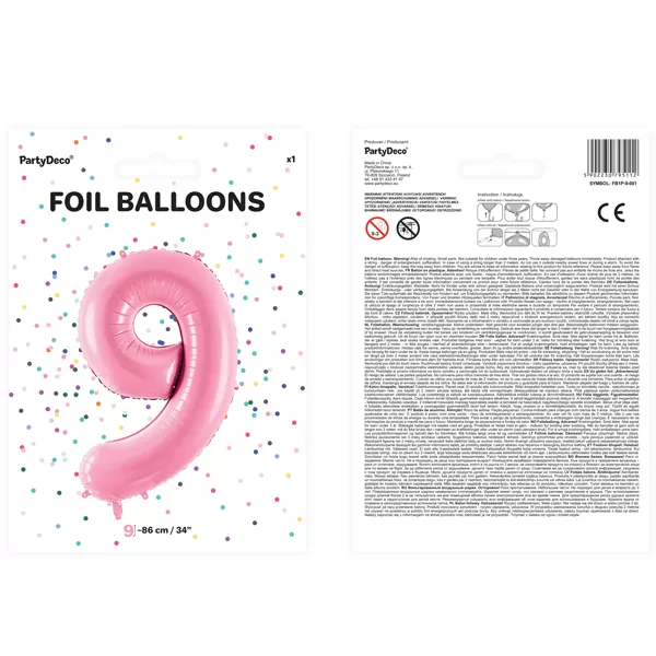 9. szám, fólia lufi, 86 cm, rózsaszín
