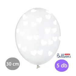 Átlátszó lufi fehér szívekkel díszítve, 30cm,  5 db/cs