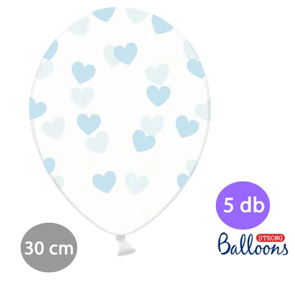 Átlátszó lufi, világos kék szívekkel díszítve, 30cm,  5 db/cs