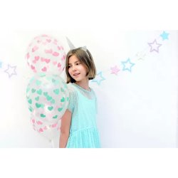 Átlátszó lufi, világos kék szívekkel díszítve, 30cm,  5 db/cs