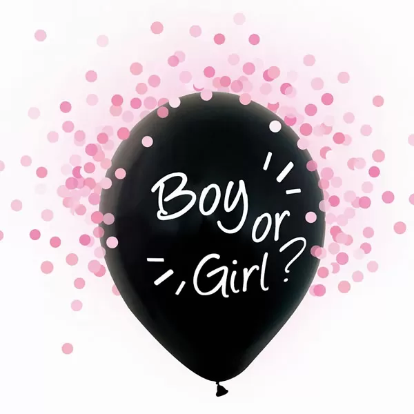 Babaváró latex léggömb, Boy or Girl felirattal,  pink konfettivel, 4db/cs