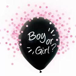 Babaváró latex léggömb, Boy or Girl felirattal,  pink konfettivel, 4db/cs