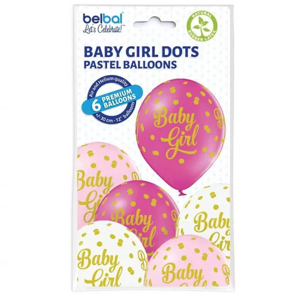 Baby Girl latex léggömb,  pöttyös, 6 db/cs
