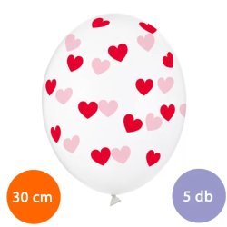 Fehér lufi, piros szívekkel díszítve, 30cm,  5 db/cs