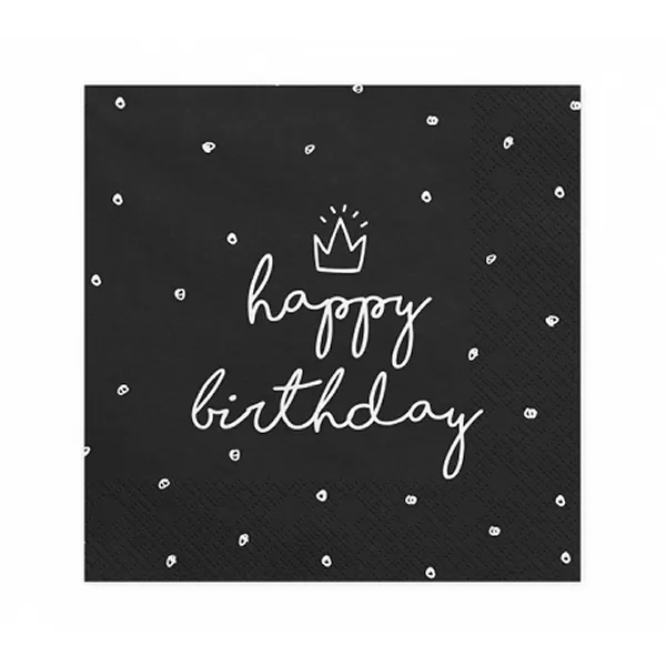 Fekete szalvéta, happy birthday, 20 db, 33x33 cm