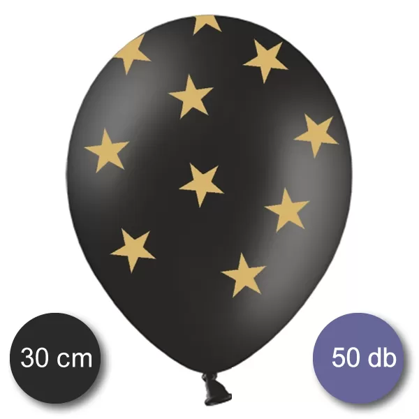 Fekete, nagy csomag, pasztel lufi, arany csillagokkal, 50 db/cs