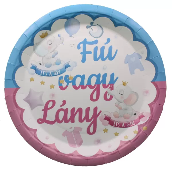 Fiú vagy Lány, elefántos, papír tányér, 23 cm, 8 db/cs