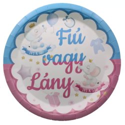 Fiú vagy Lány, elefántos, papír tányér, 23 cm, 8 db/cs