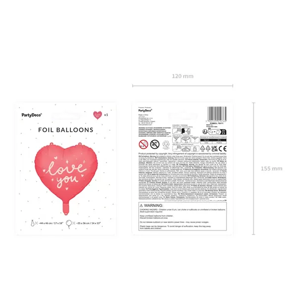 Fólia léggömb, szív, Love You, 45 cm