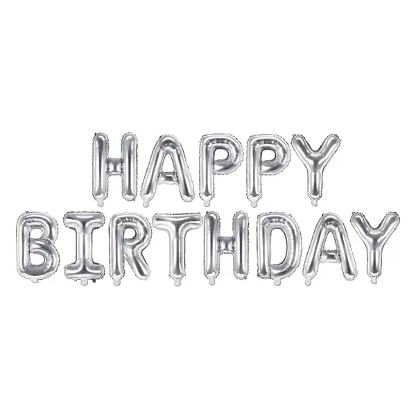 Fólia lufi , Happy Birthday betűk, ezüst, 340x35cm