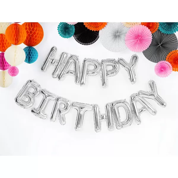 Fólia lufi , Happy Birthday betűk, ezüst, 340x35cm