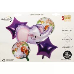 Fólia lufi csomag, Happy Birthday, elefántos, 5 db/cs