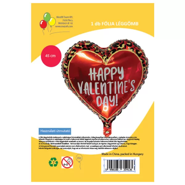 Fólia lufi,   szív, Happy Valentin Day, 45 cm