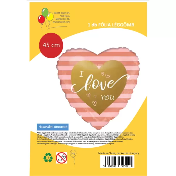 Fólia lufi,   szív, I love You,  pink csíkos, 45 cm