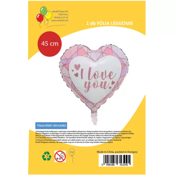 Fólia lufi,   szív, I love You,  pink mozaikos, 45 cm