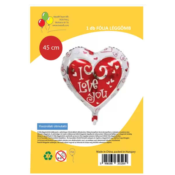 Fólia lufi,   szív, I love You, fehér, keretes, 45 cm