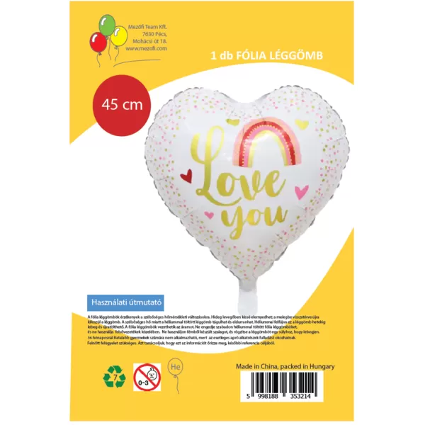 Fólia lufi,   szív, I love You, fehér, pink szivárványos, 45 cm
