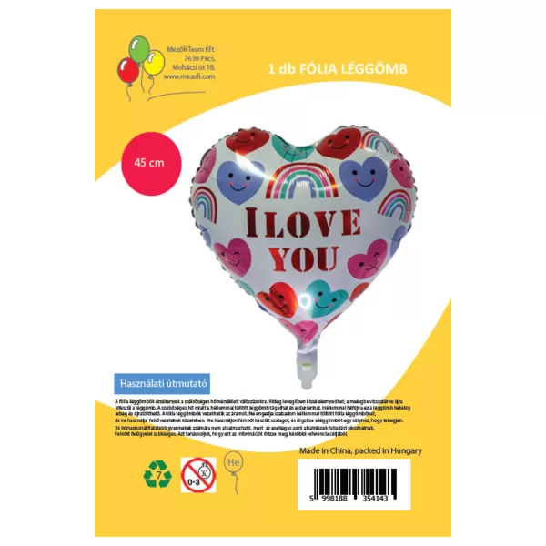 Fólia lufi,   szív, I Love You, fehér, szívekkel  45 cm