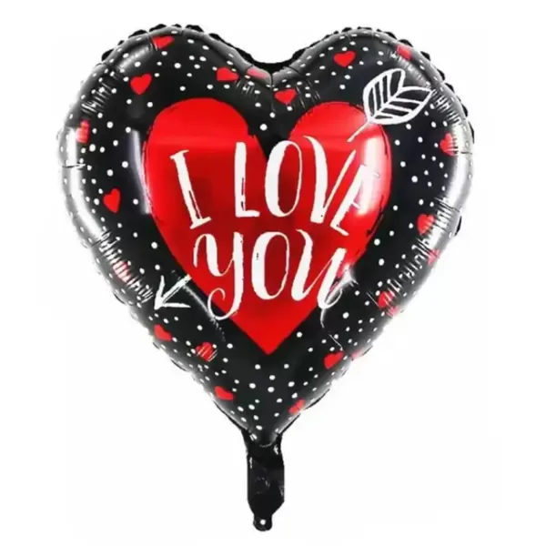 Fólia lufi,   szív, I love You, fekete-piros, 45 cm