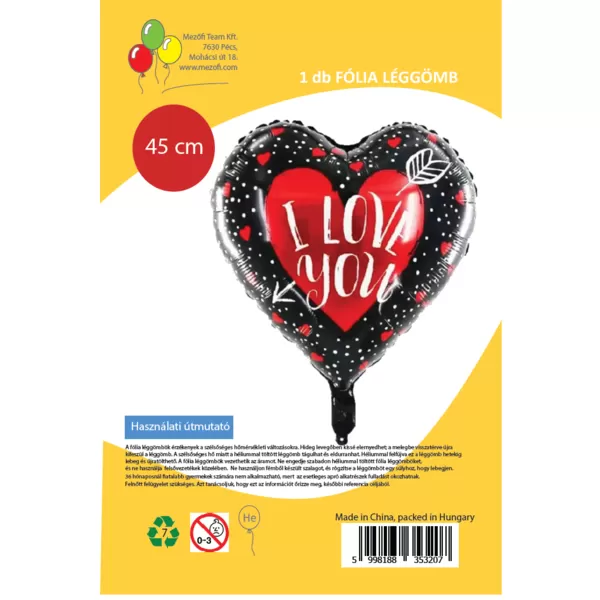 Fólia lufi,   szív, I love You, fekete-piros, 45 cm