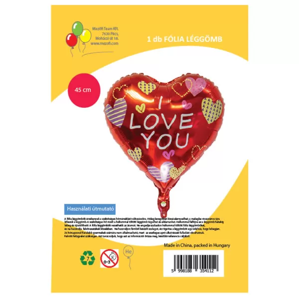 Fólia lufi,   szív, I love You, piros,  szívekkel, 45 cm