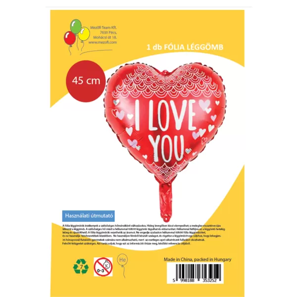 Fólia lufi,   szív, I love You, piros, csipkéss, 45 cm