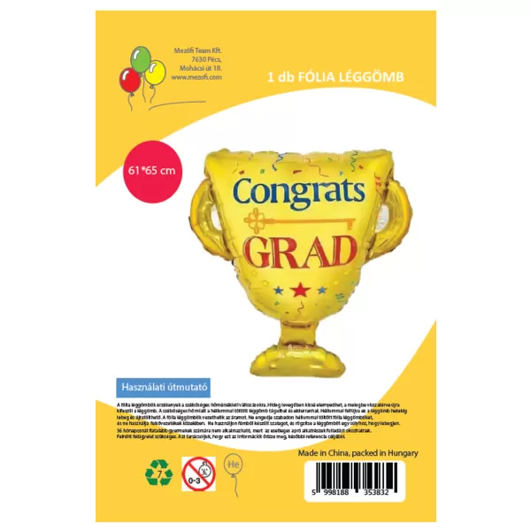 Fólia lufi,  ballagásra, serleg, Congrats GRAD, 65 cm