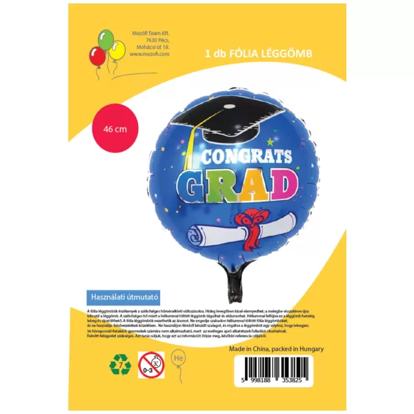 Fólia lufi,  gömb, kék, Congrats GRAD, ballagásra, 46 cm