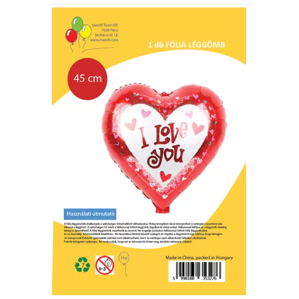 Fólia lufi,  szív, I love You, piros, keretes, 45 cm