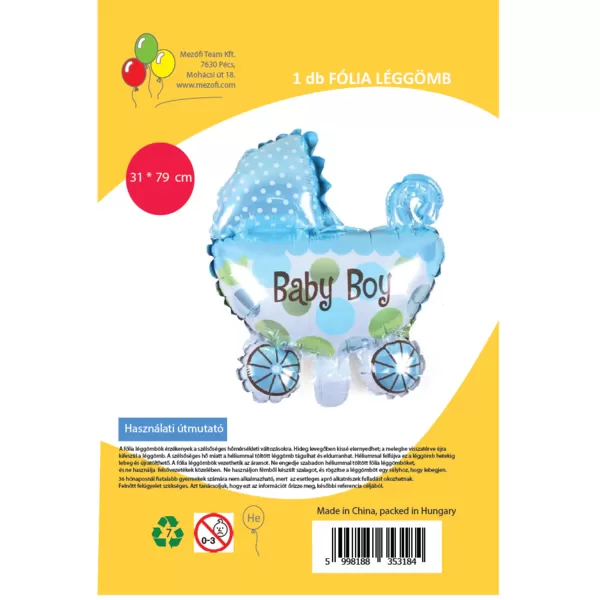 Fólia lufi, Baby Boy babakocsi, kék, 79 cm