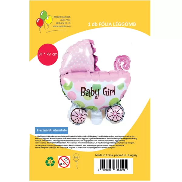 Fólia lufi, Baby Girl babakocsi, rózsaszín, 79 cm
