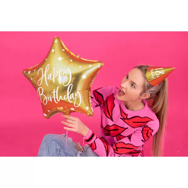 Fólia lufi, csillag alakú, arany, 40cm,  Happy Birthday felirattal