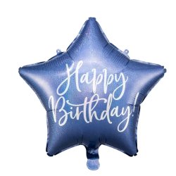 Fólia lufi, csillag alakú, kék-gyöngyház , 40cm,  Happy Birthday felirattal