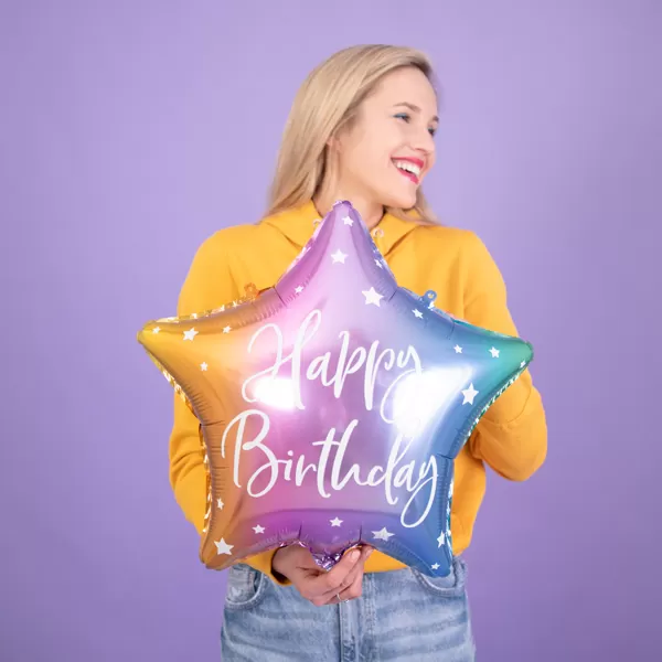 Fólia lufi, csillag alakú, mix, 40cm,  Happy Birthday felirattal