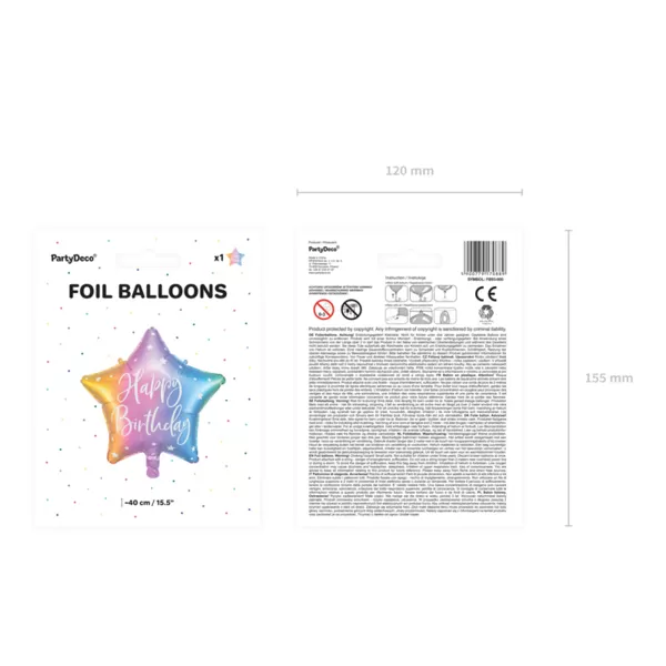 Fólia lufi, csillag alakú, mix, 40cm,  Happy Birthday felirattal