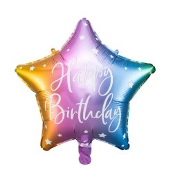 Fólia lufi, csillag alakú, mix, 40cm,  Happy Birthday felirattal