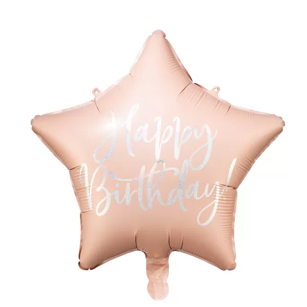 Fólia lufi, csillag alakú, púder pink , 40cm,  Happy Birthday felirattal
