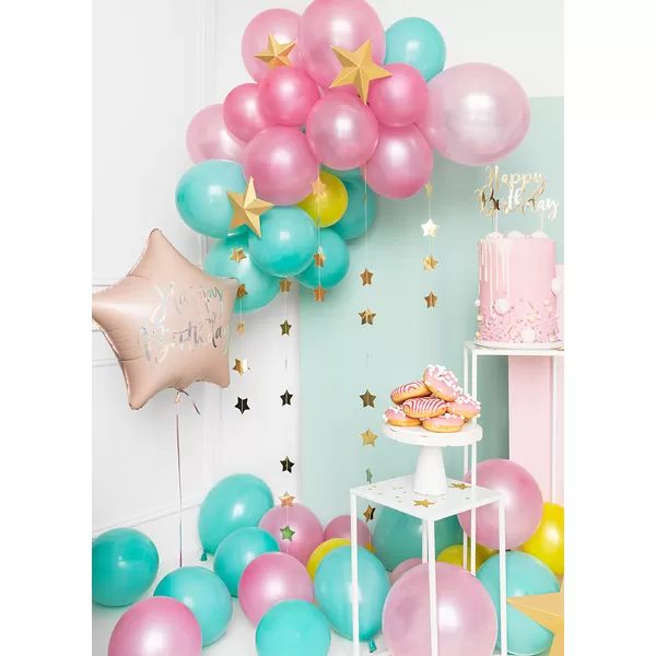 Fólia lufi, csillag alakú, púder pink , 40cm,  Happy Birthday felirattal